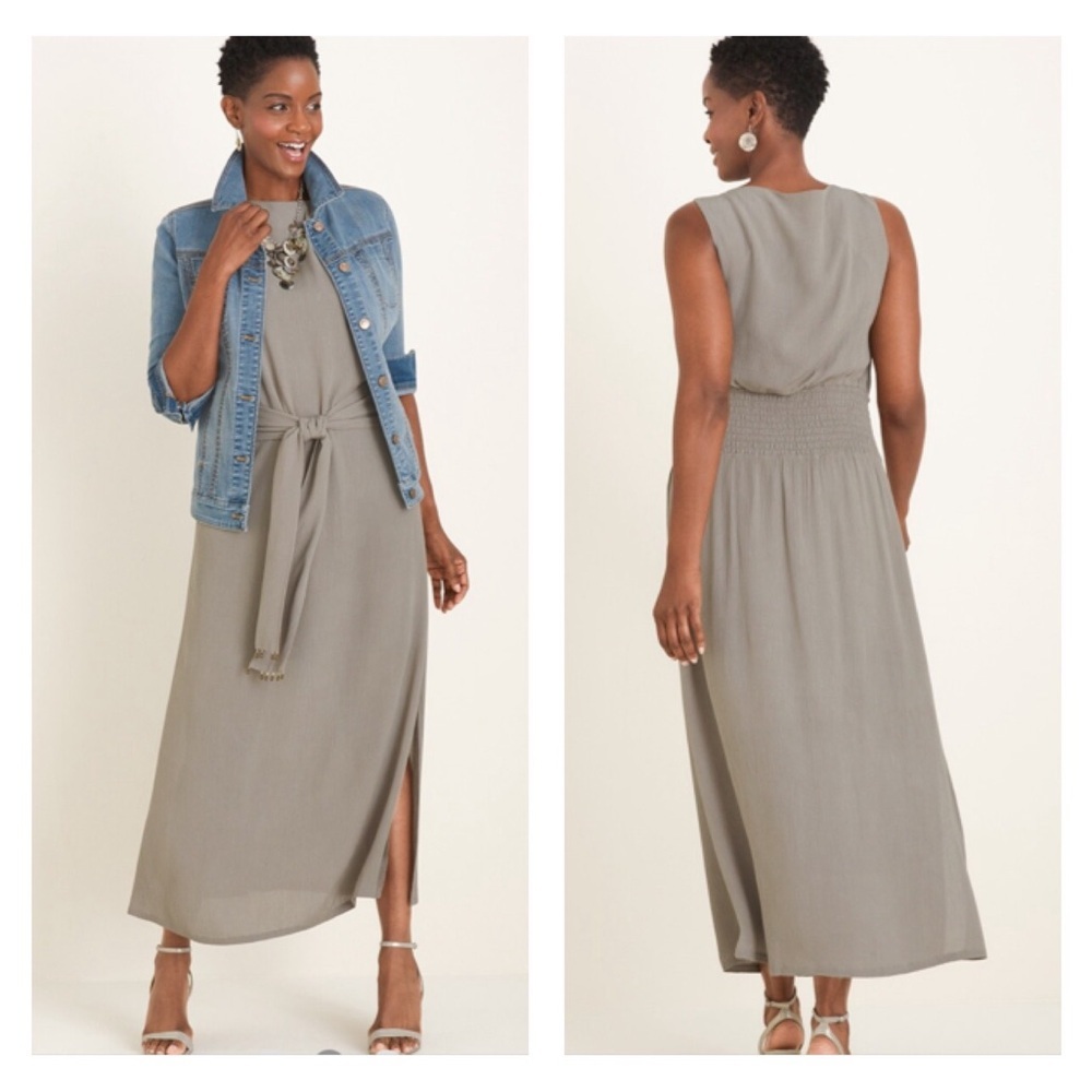 CHICO’S Tie-Waist Maxi‎ Dress in SOLID VETIVER Women’s SZ Large Light Olive NEW